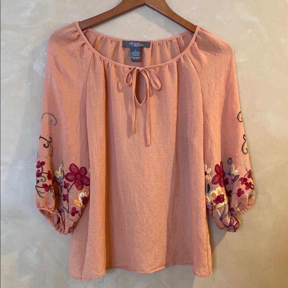 Vibrant Orange Tie Front Embellished Peasant Style Blouse S